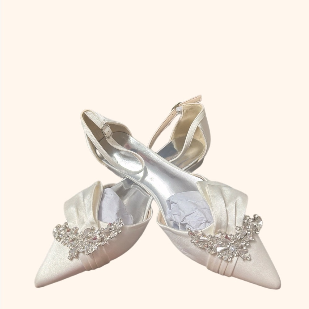 Ivory Satin Pointed-Toe Heels with Crystal Embellishment